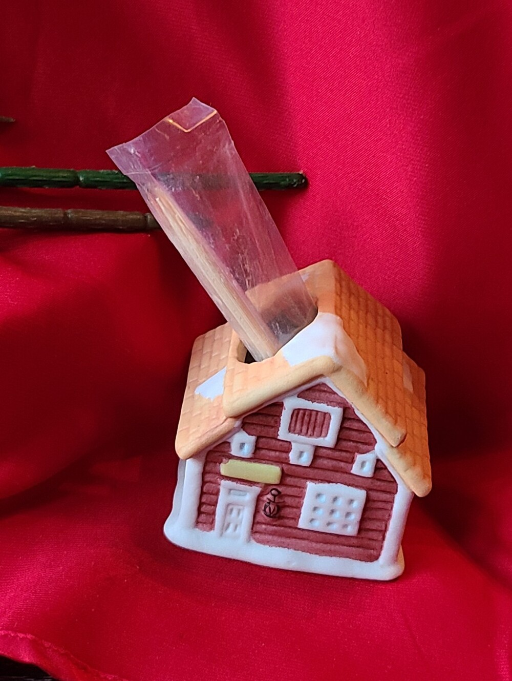 Ceramic Red Cottage Toothpick Holder with Peach Roof